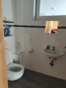 a bathroom with a toilet and a sink at Erdgeschoss Wohnung nahe Flughafen in Vienna