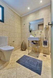 bagno con servizi igienici, lavandino e specchio di Porto Roma Seaside Studios a Vasilikós
