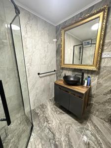 ein Bad mit einem Waschbecken und einem Spiegel in der Unterkunft Elite House in Palić