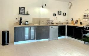 a kitchen with black cabinets and a counter top at Stunning Home In Prailles With Outdoor Swimming Pool in Prailles