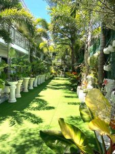 um jardim com palmeiras e plantas num edifício em The VeeHive Guesthouse em Moalboal