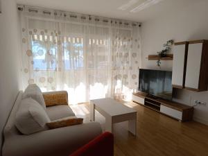 a living room with a couch and a television at El Yate Sol y Mar in Aguadulce
