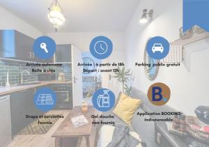 塔布的住宿－Confort & modernité au centre de Tarbes，一间设有桌子的房间和一间带蓝色圆圈的厨房