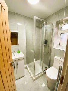 a bathroom with a shower and a toilet and a sink at Peaceful - 4 bedroom House in Earley
