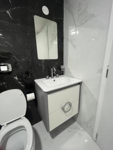 ein Badezimmer mit einem WC, einem Waschbecken und einem Spiegel in der Unterkunft Departamento a minutos del centro in Posadas