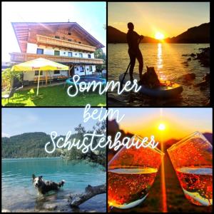 a collage of photos with a man on a paddle board in the water at Schusterbauer in Koppl