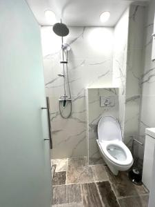 a white bathroom with a toilet and a shower at Titan Studio in Bucharest