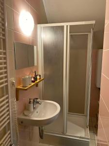 un bagno con lavandino e doccia di Apartman TULANIE 58 Kamzik Donovaly 2 IZBOVY Mezonet Deluxe parkovanie v podzemnej garáži ZDARMA a Donovaly