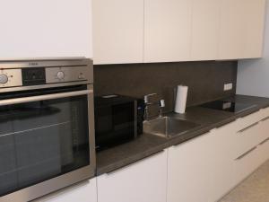 a kitchen with a stove microwave and a sink at Historische Villa im Herzen Rankweils in Rankweil