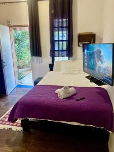 una camera con un letto e una coperta viola di cozy room a Mitzpe Ramon