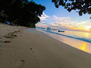 a beach with trees and the ocean with a sunset at La Digue Luxury Beach & Spa in La Digue