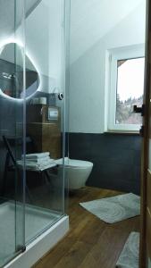 a bathroom with a glass shower and a tub at gonta cottage in Slavske
