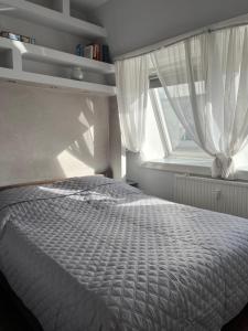 1 dormitorio con cama y ventana en Corporal Apartment Budapest, en Budapest