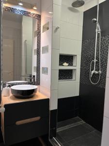 y baño con lavabo y ducha. en Corporal Apartment Budapest, en Budapest