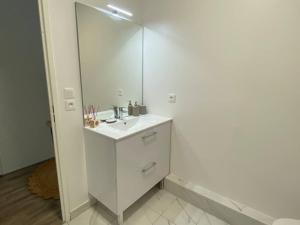 een witte badkamer met een wastafel en een spiegel bij Fantastique 2 pièces à Créteil in Créteil +3 foto's