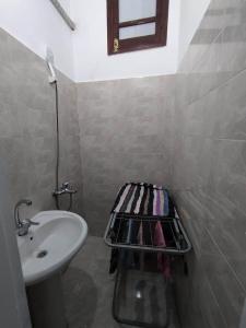 La salle de bains est pourvue d'un lavabo et d'un sèche-serviettes. dans l'établissement Villa Colossi Memnon, à Louxor