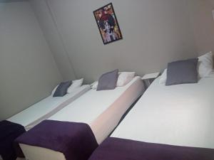 two beds in a room with a picture on the wall at Hotel Apiacas in Ribeirão Preto
