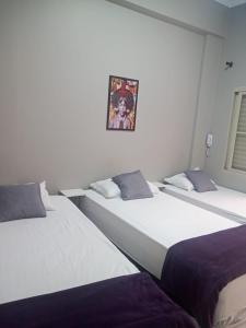 trzy łóżka w pokoju z obrazem na ścianie w obiekcie Hotel Apiacas w mieście Ribeirão Preto