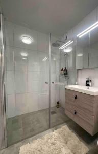 a bathroom with a shower and a sink and a glass shower stall at Moderne leilighet med terrasse & gratis parkering in Kolbotn