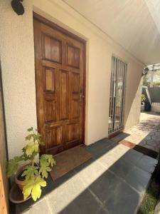 a wooden door of a house with a potted plant at Casa cercana Mall Plaza Egaña in Santiago