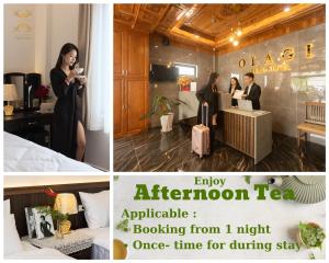 a collage of three pictures of a woman in a hotel room at OLAGI HOTEL in Khu Chi Lăng