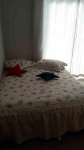 un gato acostado en una cama en un dormitorio en Lindíssima Casa no Thermas de Aguas de Santa Barbara, Venha Aproveitar en Águas de Santa Barbara