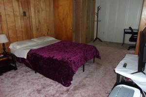 1 dormitorio con 1 cama con manta morada en NiceShortStayMassena en Massena