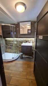 a bathroom with a shower and a sink at Sea-Quinn Views in Wallasey