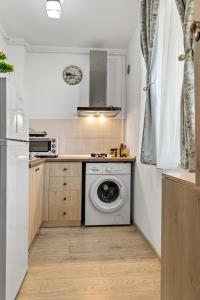 a kitchen with a washing machine in a kitchen at La vie est belle in Bucharest