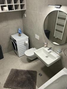 a bathroom with a sink and a toilet and a mirror at MM Apartments Zore in Zagreb
