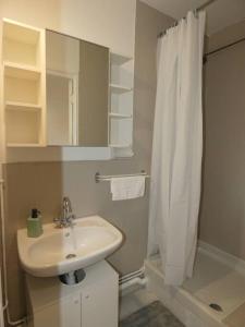 een badkamer met een wastafel en een douchegordijn bij Studio au coeur de Saint Quentin en Yvelines in Trappes