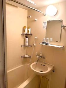 a bathroom with a sink and a mirror and a shower at ラフォレ１０２　新宿から13分のくつろげるお部屋 in Tokyo