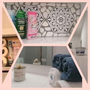 eine Collage mit Fotos eines Badezimmers mit einem Regal in der Unterkunft Casa cu trandafiri in Baia Mare