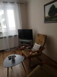 uma sala de estar com uma cadeira e uma mesa em Emilka em Suwałki