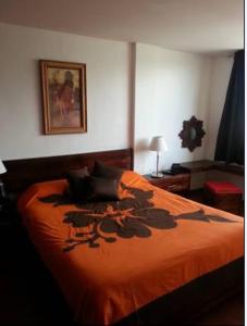 1 dormitorio con 1 cama grande con manta naranja en French Suite Tamayo, en Quito
