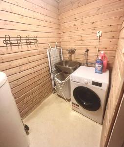 La petite salle de bains est pourvue d'un lavabo et d'un lave-linge. dans l'établissement Apartment-B near Etne-Odda, à Etnesjøen