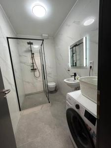 a bathroom with a shower and a toilet and a sink at New apartment “pod papiernou” in Bardejov