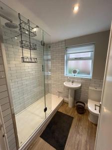 a bathroom with a shower and a toilet and a sink at Brand New Cosy 1 Bedroom Home in Nantwich