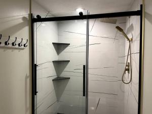 een glazen douchedeur met planken in de badkamer bij Park City Southwestern Bunker in Park City