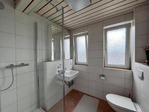 W łazience znajduje się prysznic, umywalka i toaleta. w obiekcie Top Wohnung mit Parkplatz w mieście Paderborn