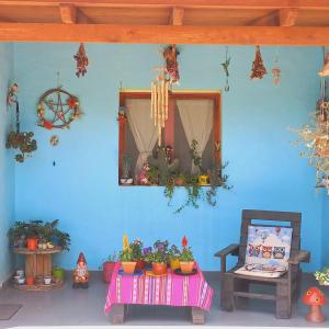 a blue room with plants on a table and a chair at Casa Munay in Maimará