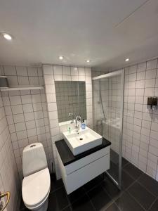 a bathroom with a sink and a toilet and a mirror at Central, Historical, Unique & Modern Apartment CPH in Copenhagen