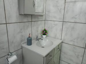 ein Bad mit einem Waschbecken und einem Spiegel in der Unterkunft Apto Confortável e espaçoso 01 in Cachoeira do Sul