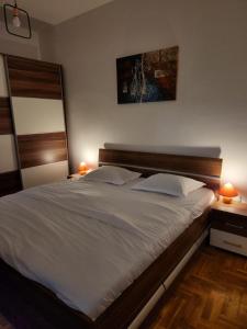 a bedroom with a large bed with a large mirror at Sara's cozy apartment in Pristina