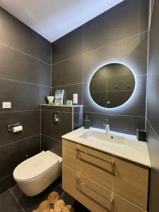 bagno con servizi igienici, lavandino e specchio di Maison neuve 4 étoiles plain-pied proche de la mer a Plurien