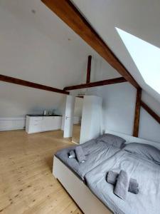 a bedroom with a large bed in a attic at Kinderklinik Dachwohnung Lion's Head 1B in Siegen