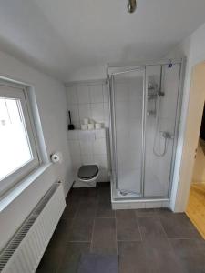 uma casa de banho com um chuveiro e um WC. em Kinderklinik Dachwohnung Lion's Head 1B em Siegen