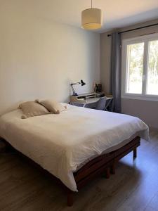 een slaapkamer met een groot wit bed en een raam bij Charmante maison Ruaudin in Ruaudin