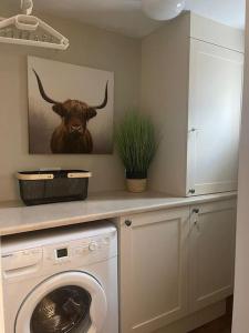 a laundry room with a washing machine and a painting of a bull at 3-storey luxury Georgian house, High St, Henley-in-Arden in Henley in Arden