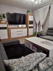 a living room with a couch and a tv at Dom w górach in Lipnik